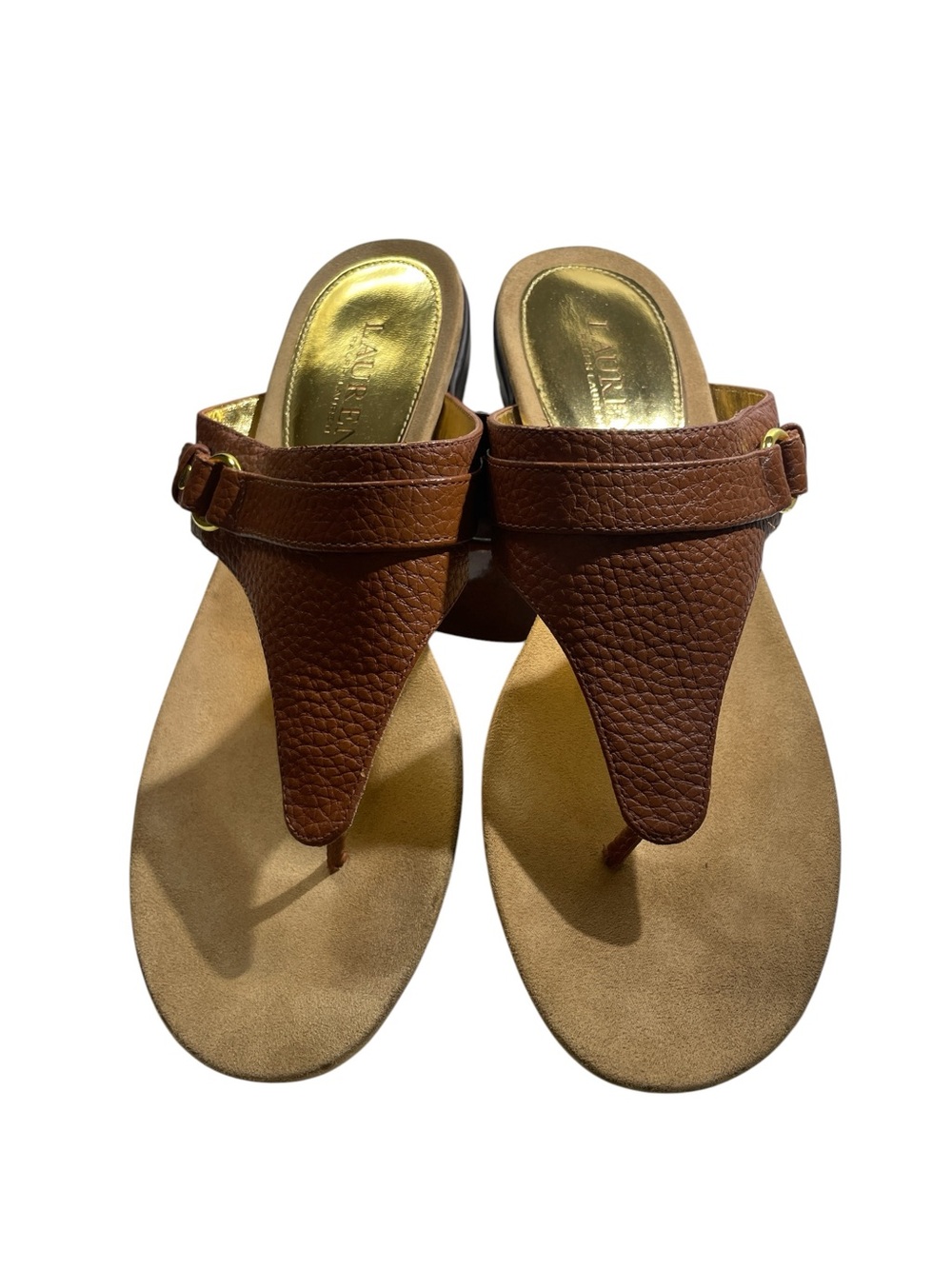 Lauren Ralph Lauren Brown Krystal Thong Sandals Gold Hardware Womens 9B Like New